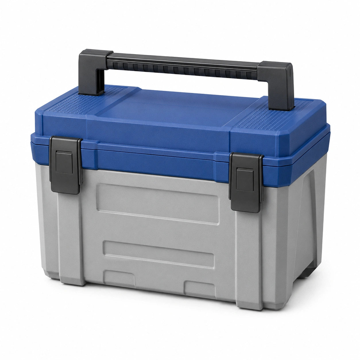 Caja de herramientas de plástico PP gris y azul con asa plegable