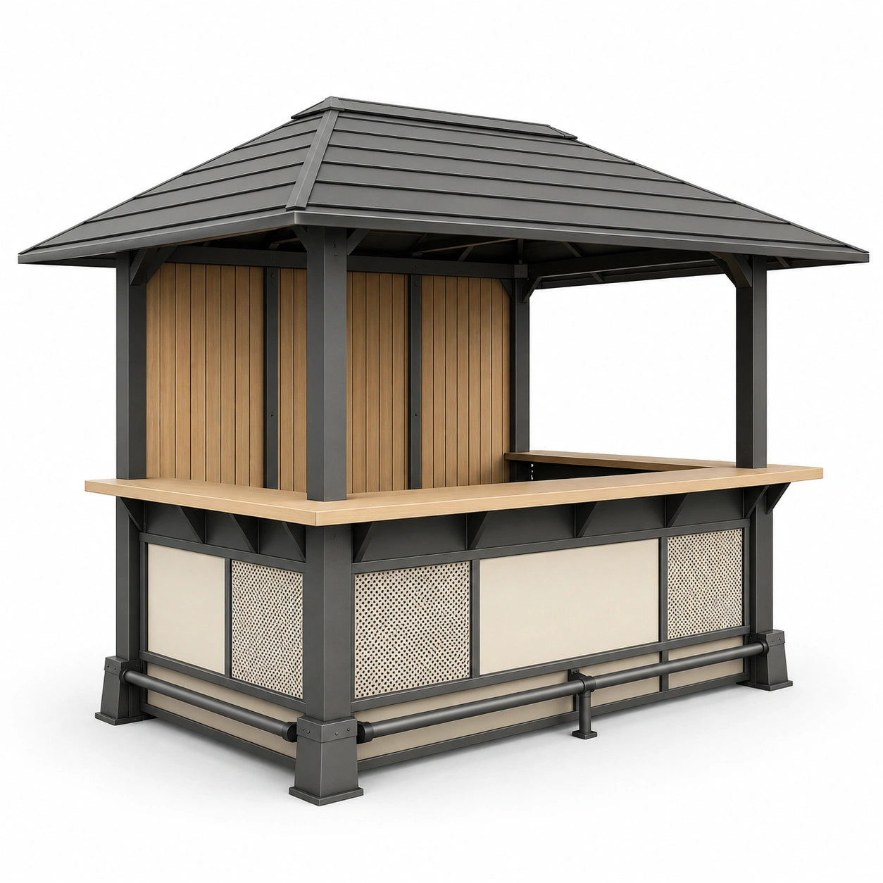 Puesto de venta modular de acero y madera con techo inclinado