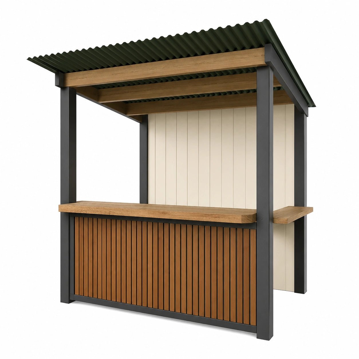 Puesto de Exterior de Acero y Madera con Techo de Plástico Ondulado Verde