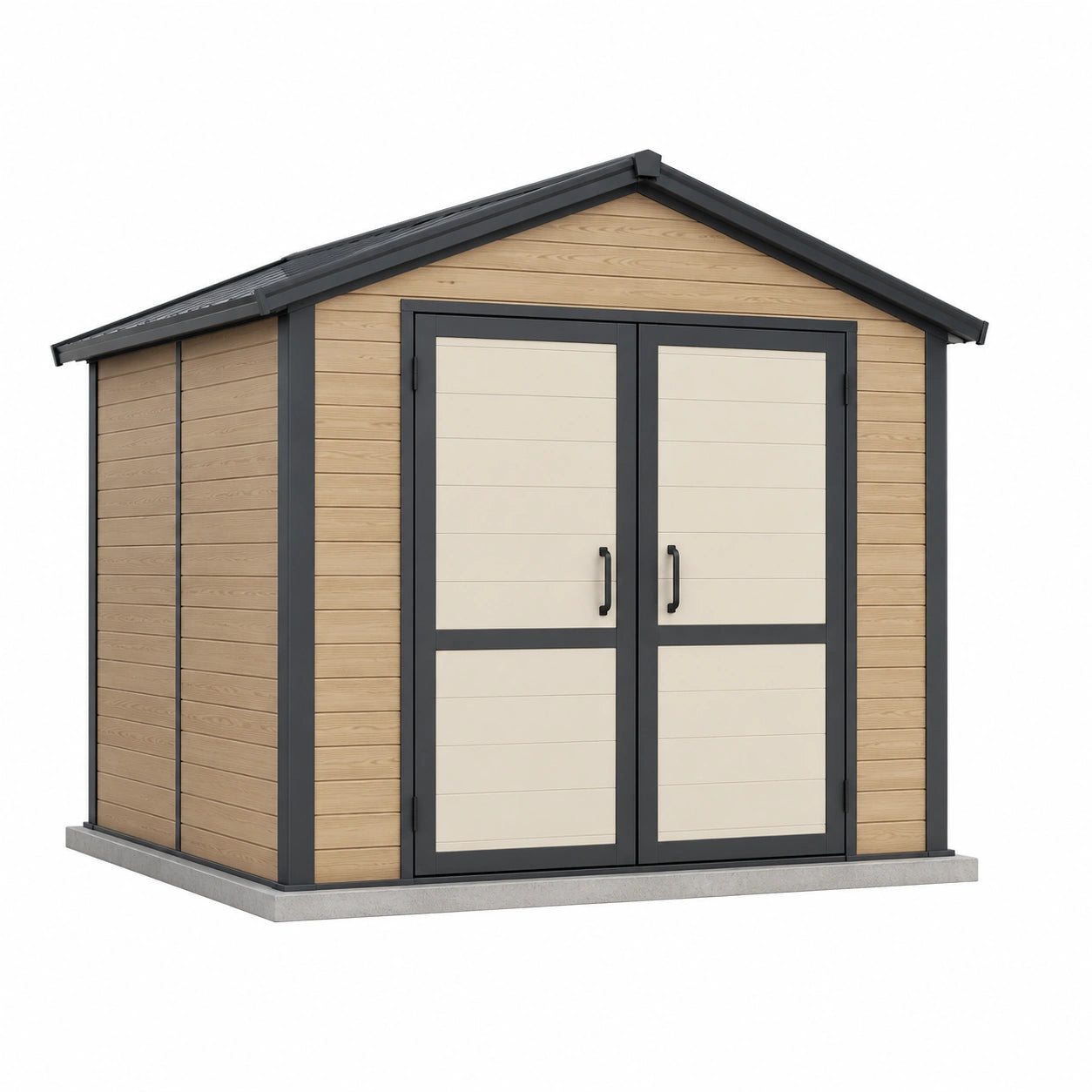 Caseta de jardín de plástico beige y madera con doble puerta 256x265x243 cm