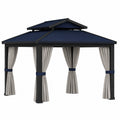 Cenador de Acero con Techo de Poliéster Azul y Cortinas Grises 3x4 m