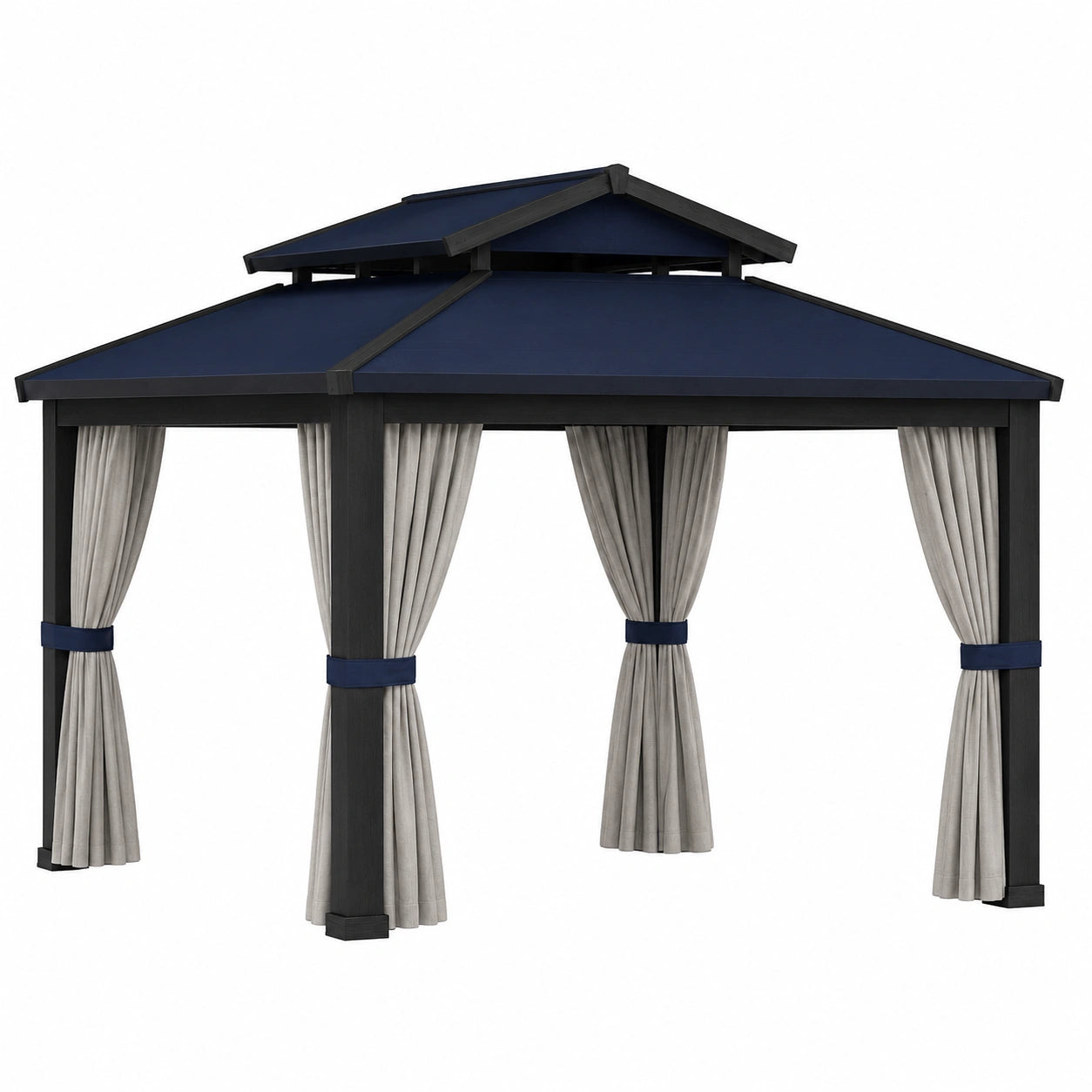 Cenador de Acero con Techo de Poliéster Azul y Cortinas Grises 3x4 m