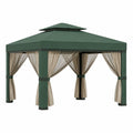 Pabellón de acero con techo de poliéster verde y cortinas beige 3x3m