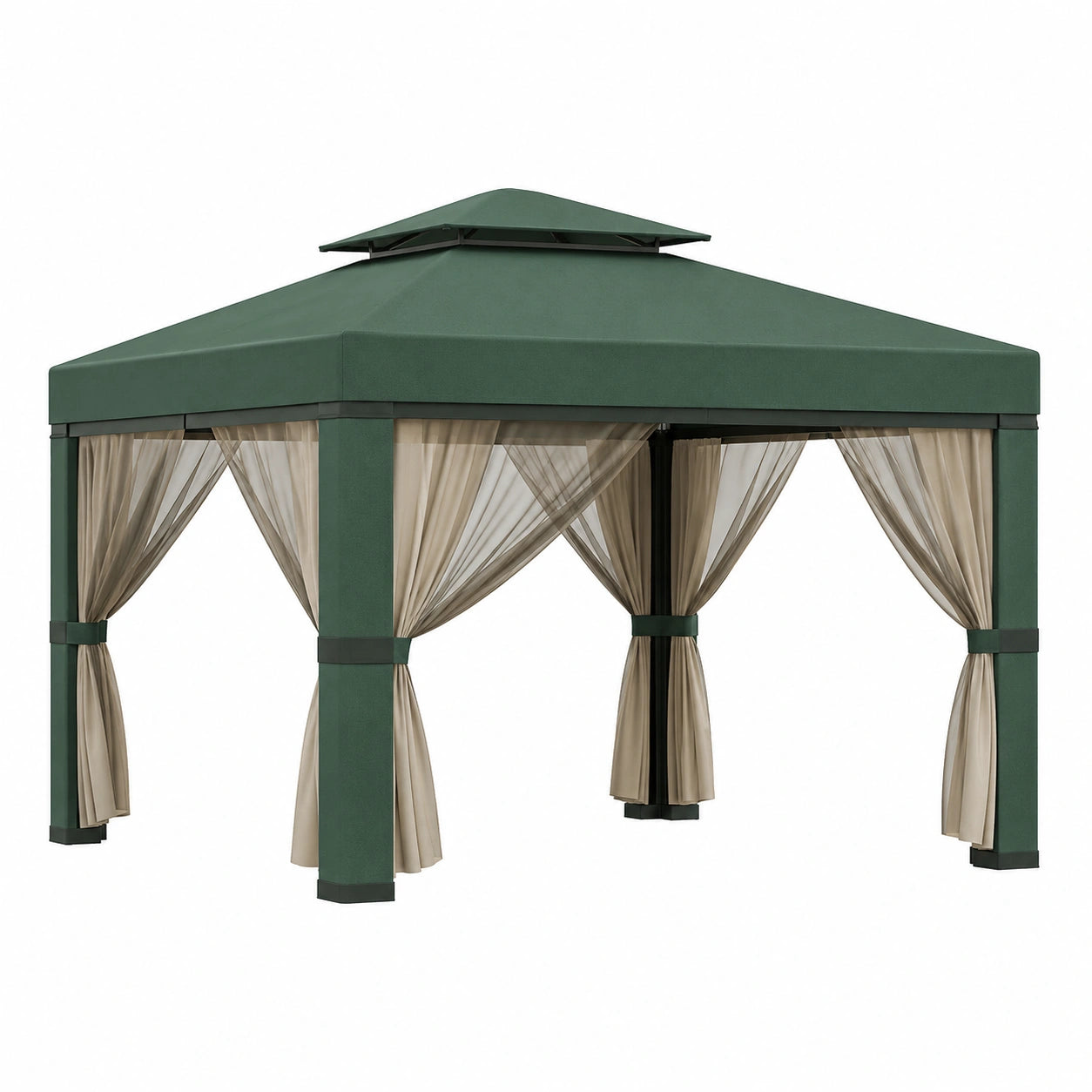 Pabellón de acero con techo de poliéster verde y cortinas beige 3x3m