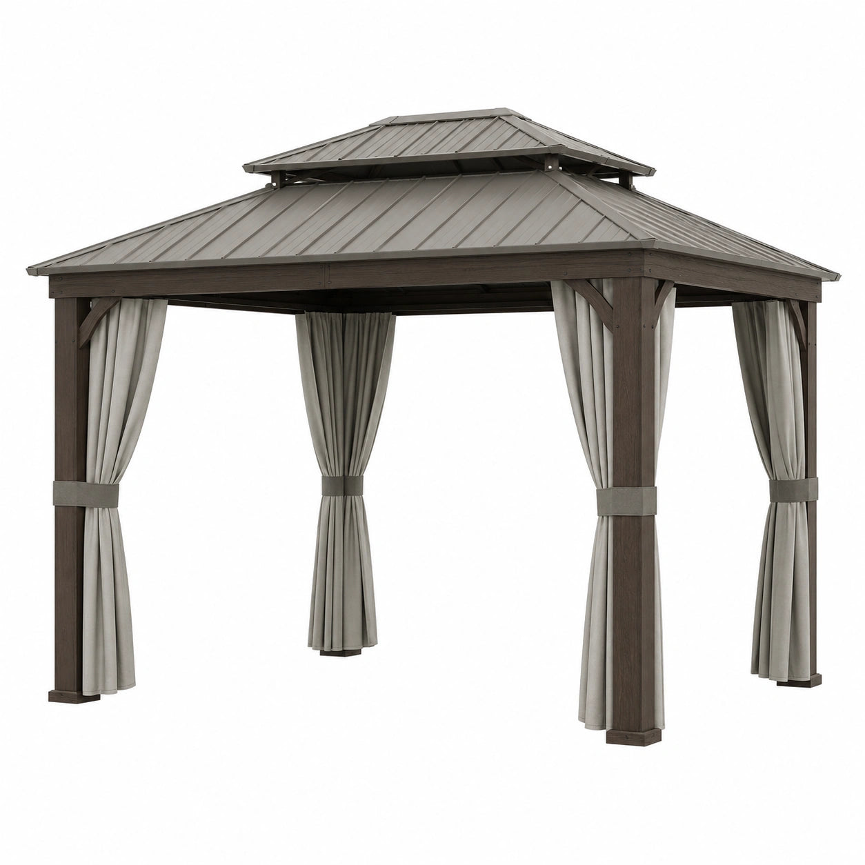 Pérgola de jardín con techo de metal y cortinas