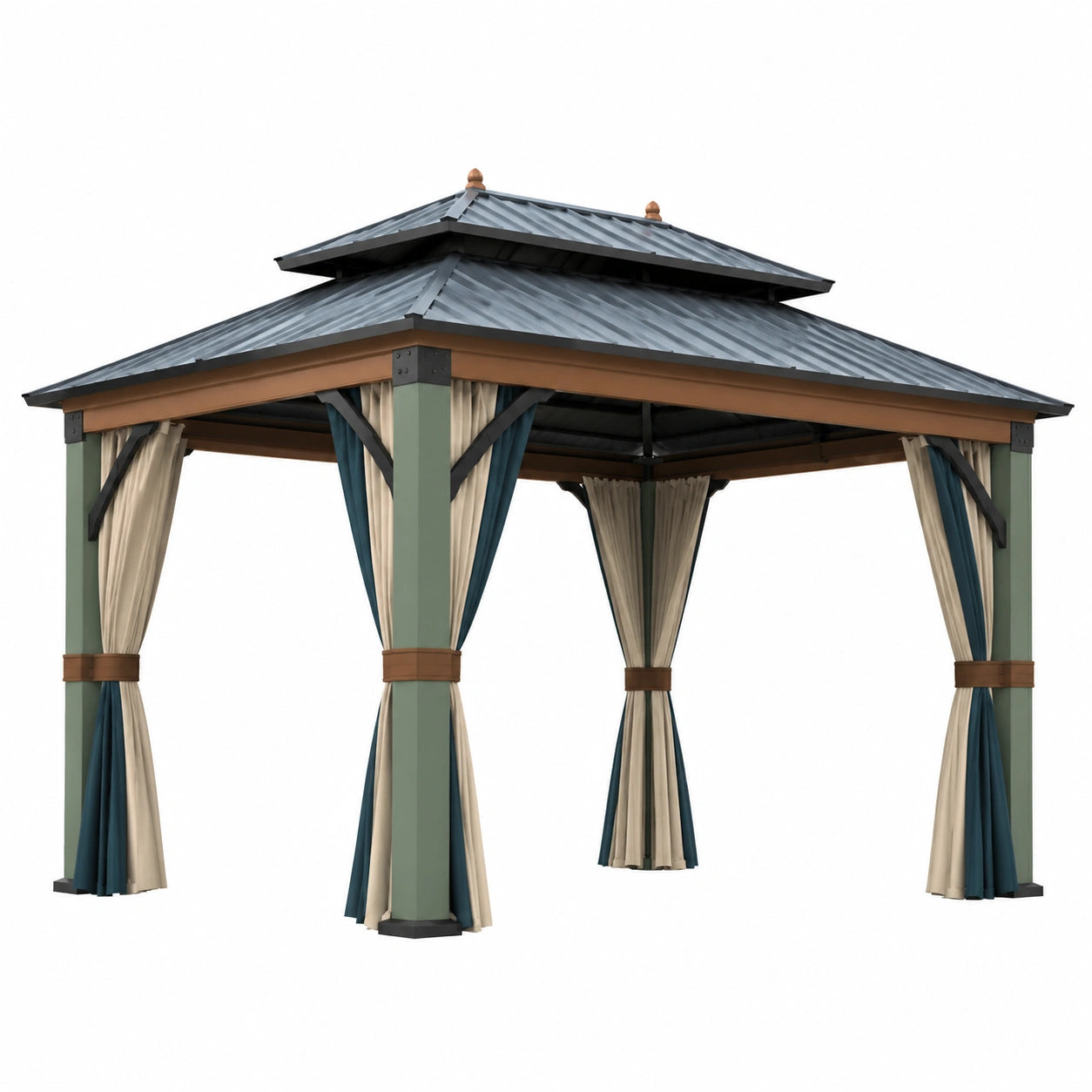 Pérgola de acero con techo a dos aguas y cortinas de poliéster