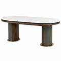 Mesa de comedor de mármol blanco, acero inoxidable y madera