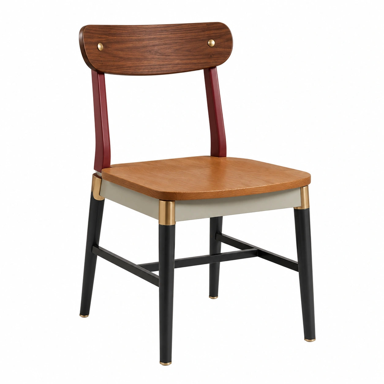 Silla de Madera y Metal con Detalles en Rojo y Dorado