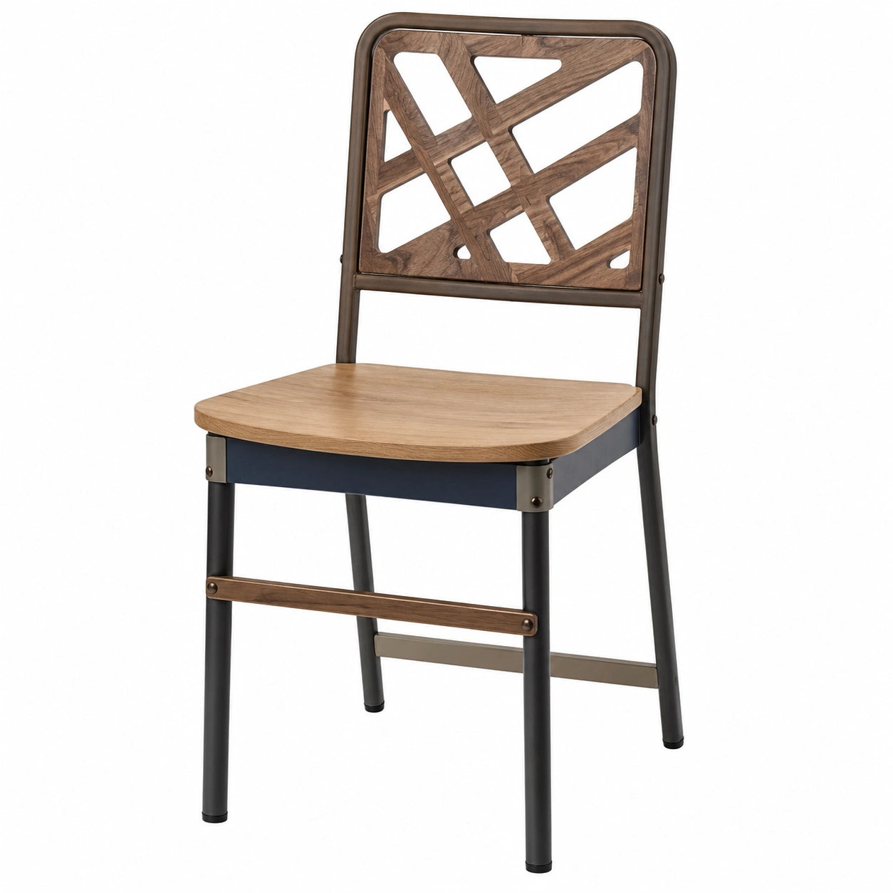 Silla de madera y metal con respaldo geométrico