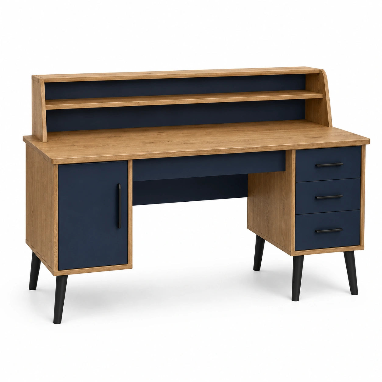 Escritorio de madera y metal con estantería y cajones azul y roble 145x60x92cm