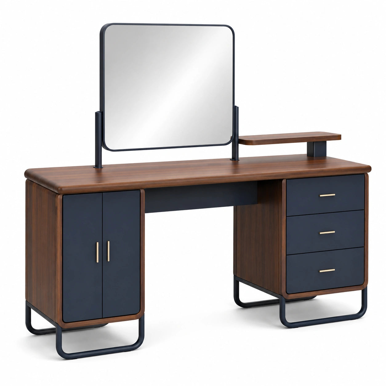Tocador de Madera y Metal con Espejo Rectangular y Almacenamiento, Marrón/Azul