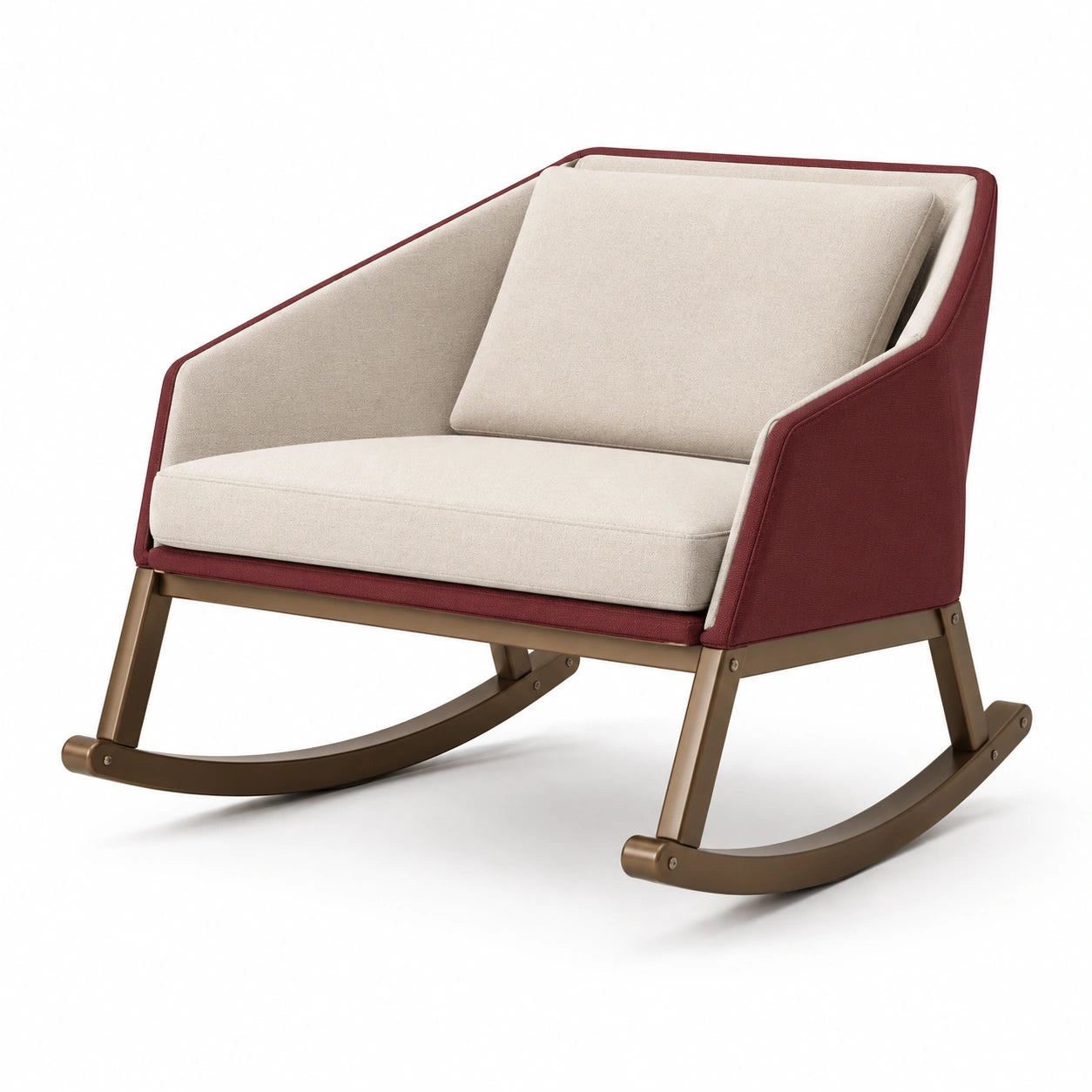 Sillón mecedora de aluminio tapizado en poliéster beige y burdeos