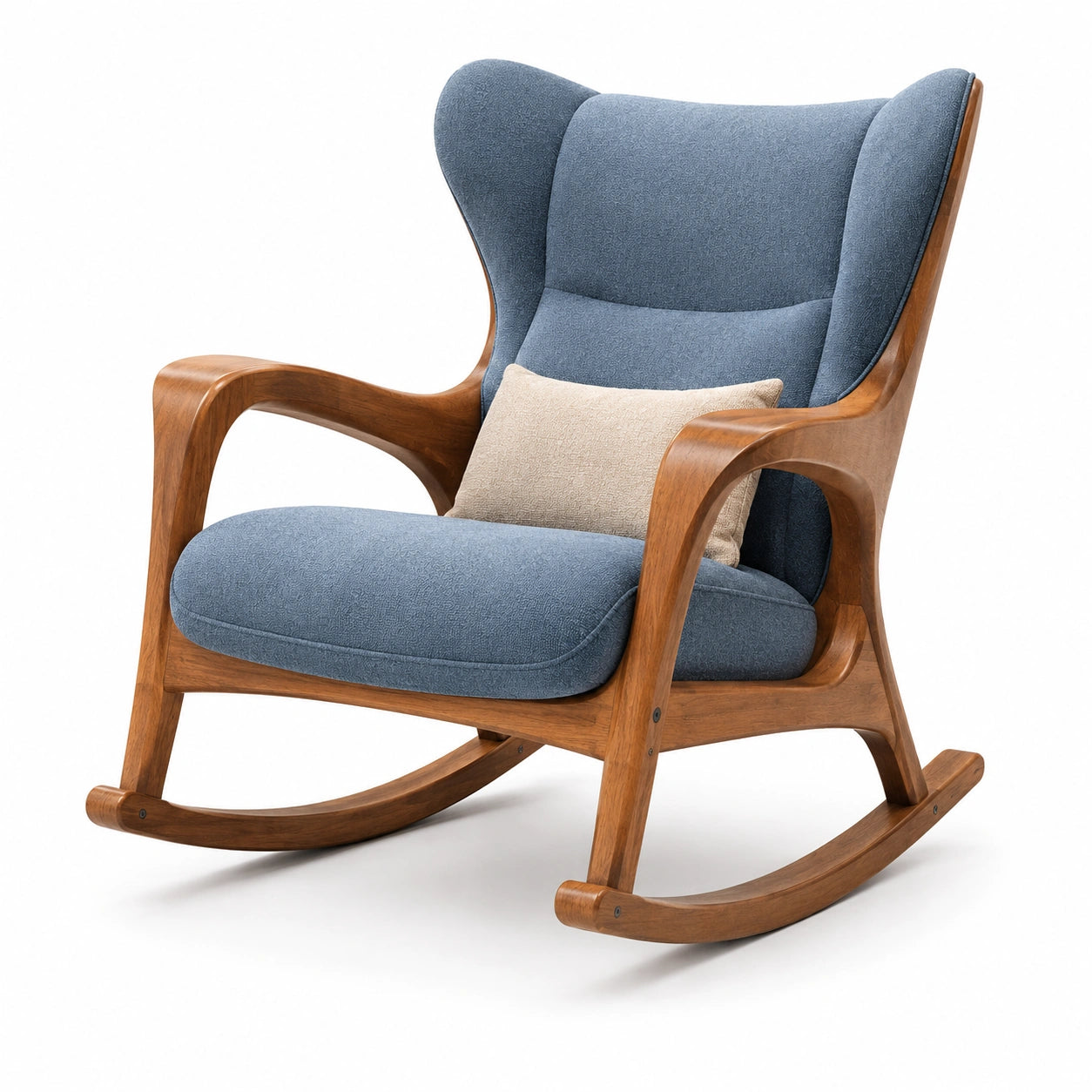 Silla mecedora de madera con cojín azul y cojín beige, 84x76x92 cm