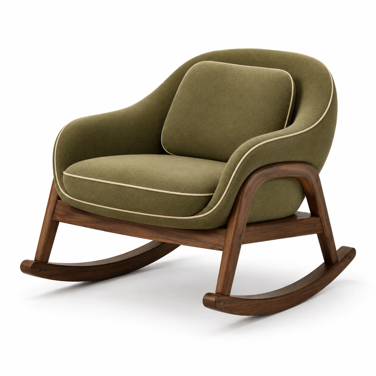 Mecedora de Tela Verde con Estructura de Madera de Nogal