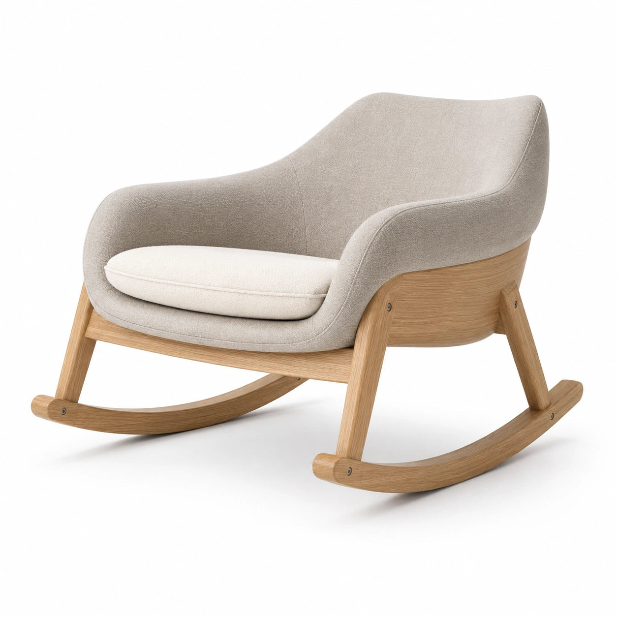 Sillón mecedora de tela beige con estructura de madera