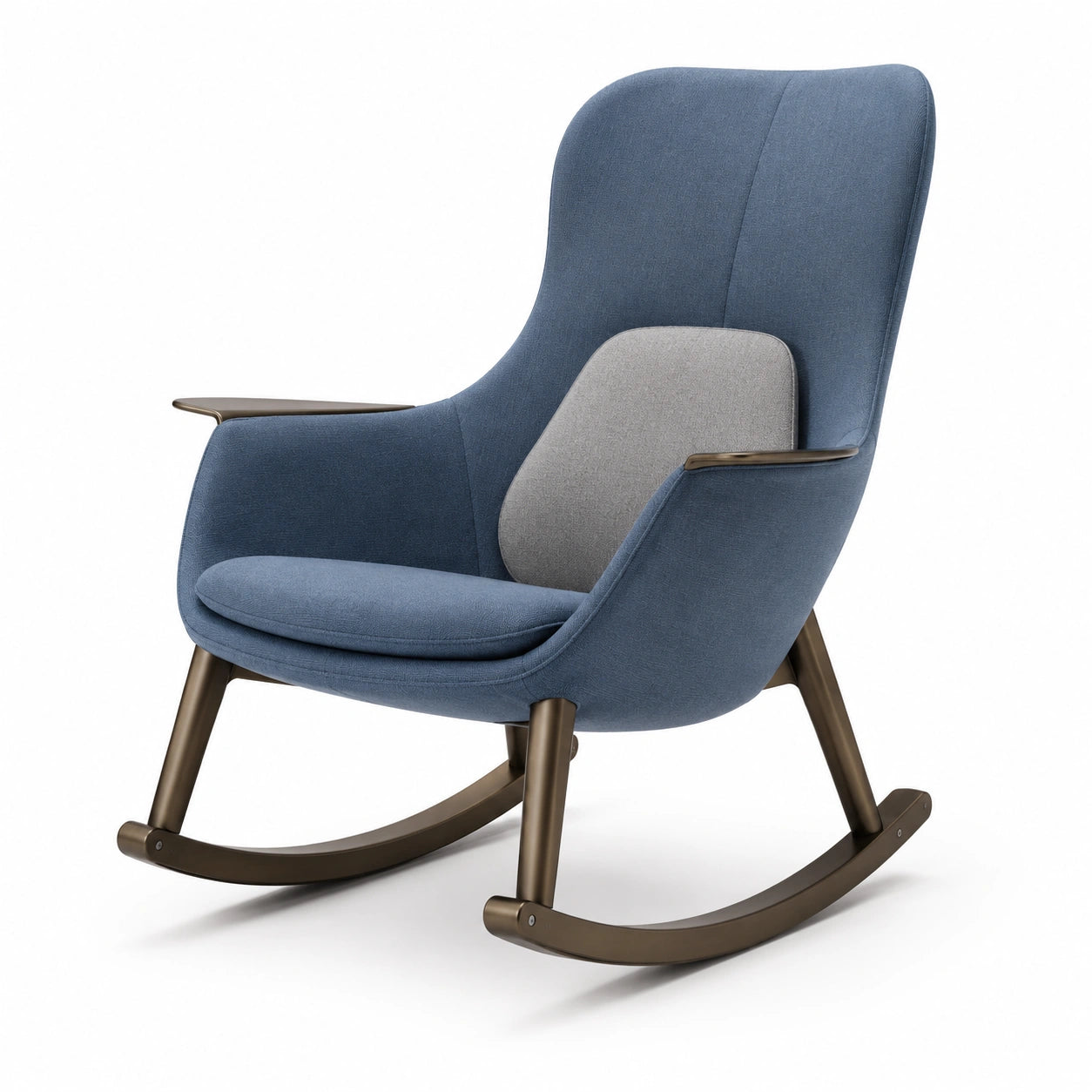 Mecedora de poliéster azul y gris con estructura de madera