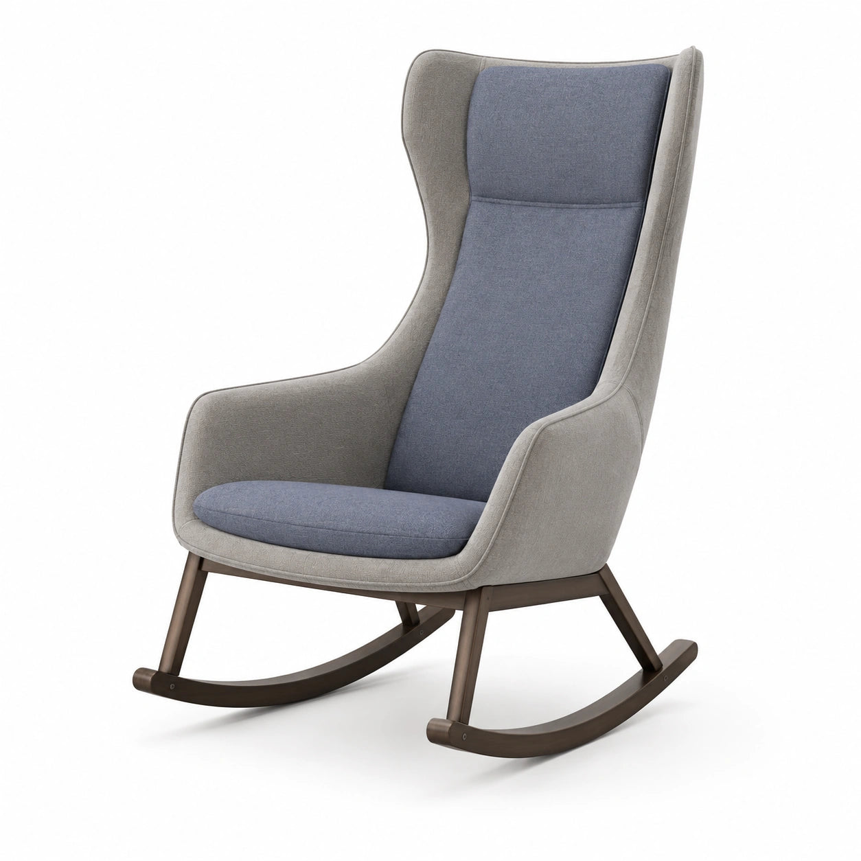 Silla mecedora con respaldo alto de madera y tela
