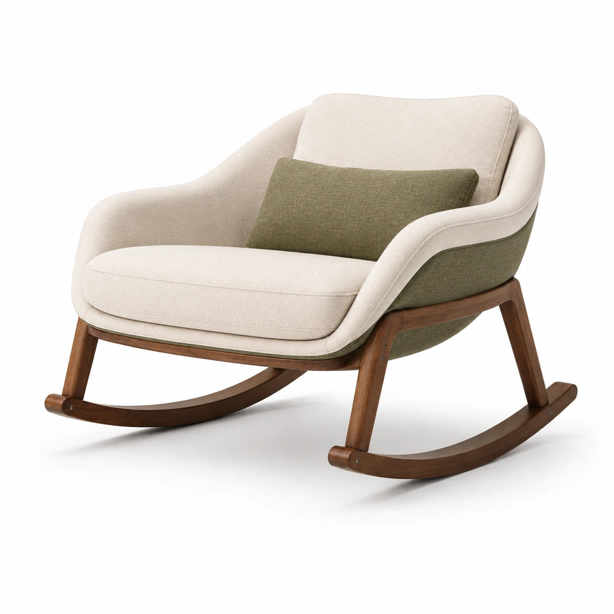 Mecedora de Tela Beige y Verde con Estructura de Madera