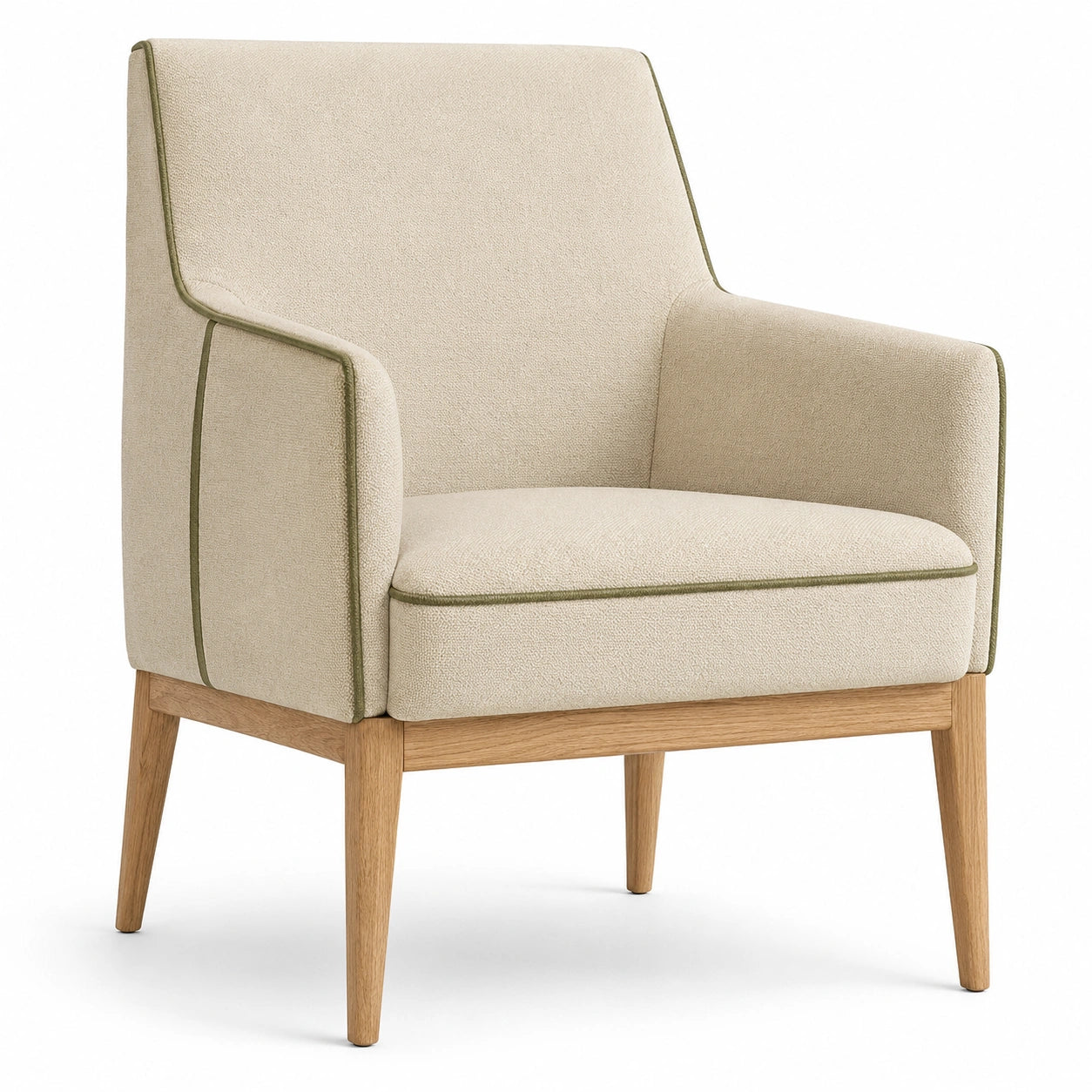 Sillón de tela beige con patas de madera de roble
