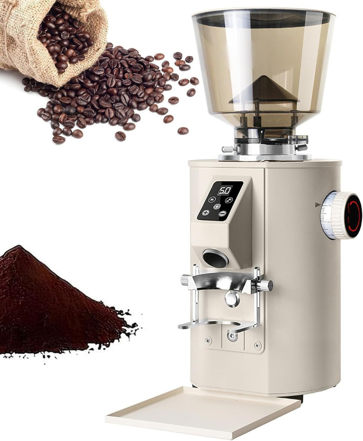 LjlXanthiper Elektrische Kegelmühlen, Beige, Kaffeemühle, Kommerzielle Quantitative Crusher, 9 Präzise Einstellungen Mit Zeitgesteuertem Mahlen