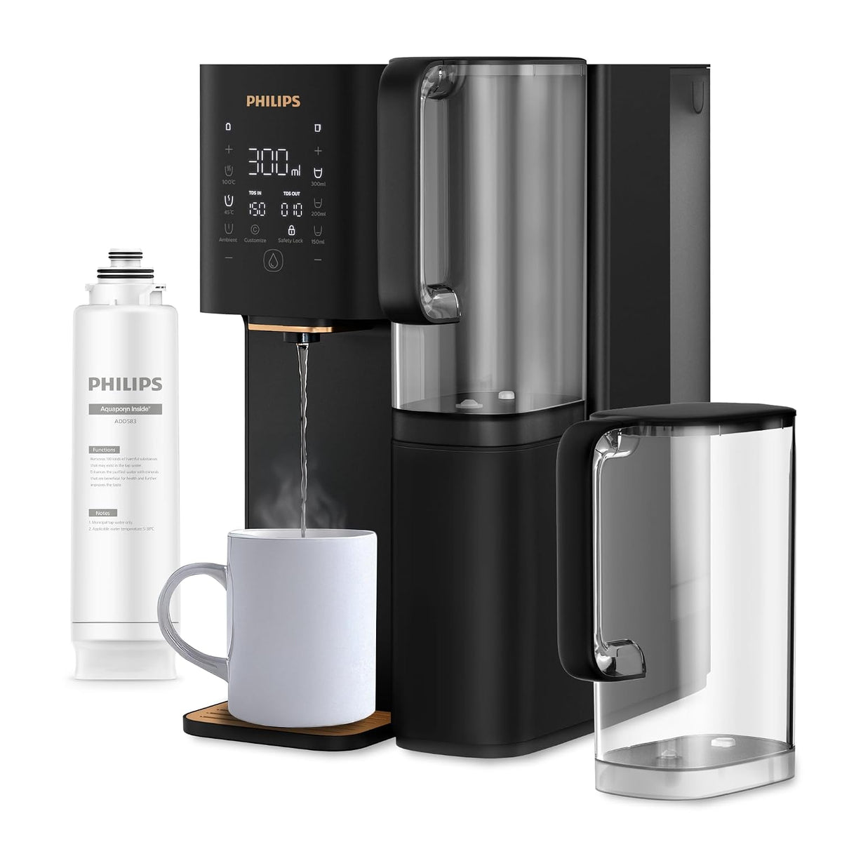 PHILIPS Filterkannen, 2000 L, Schwarz, 7000 Umkehrosmose-Wasserspender: gereinigtes heisses Wasser, 6-in-1-RO-Filter mit essenziellen Mineralien