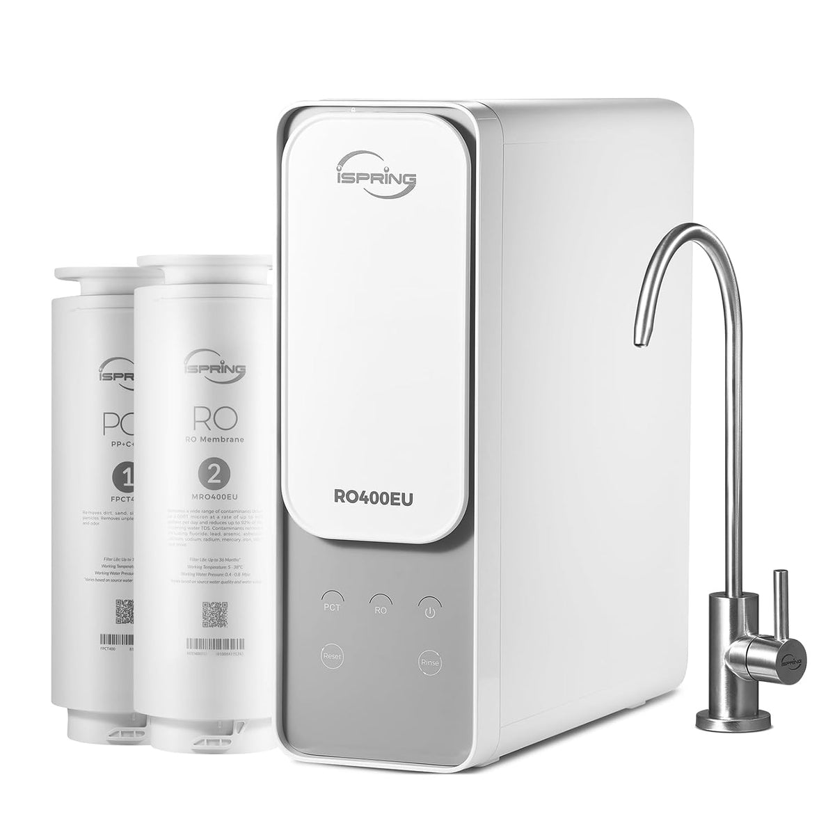 iSpring Filtrierung für unter & über der Spüle, Weiss, RO400EU Umkehrosmose Wasserfiltersystem, 400GPD Tanklos, 2:1 Pure zu Dra