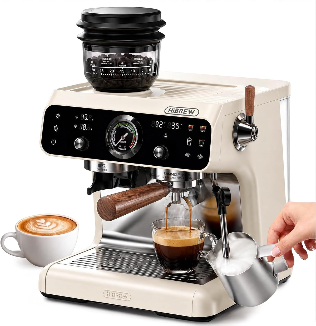 HIBREW Kaffeemaschine, 2800 W, 58 mm, 2,8 l, Schwarz/Silber, H7B Espressomaschine mit integriertem Grinder, 30 Positionen konischer Brenner