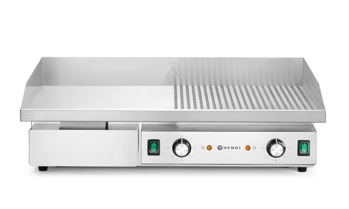 HENDI Elektrogrill, 4400 W, 241 mm, 400 V, Silber, Grillplatte, halb gerillt und halb glatt, Entnehmbare Festtschublade