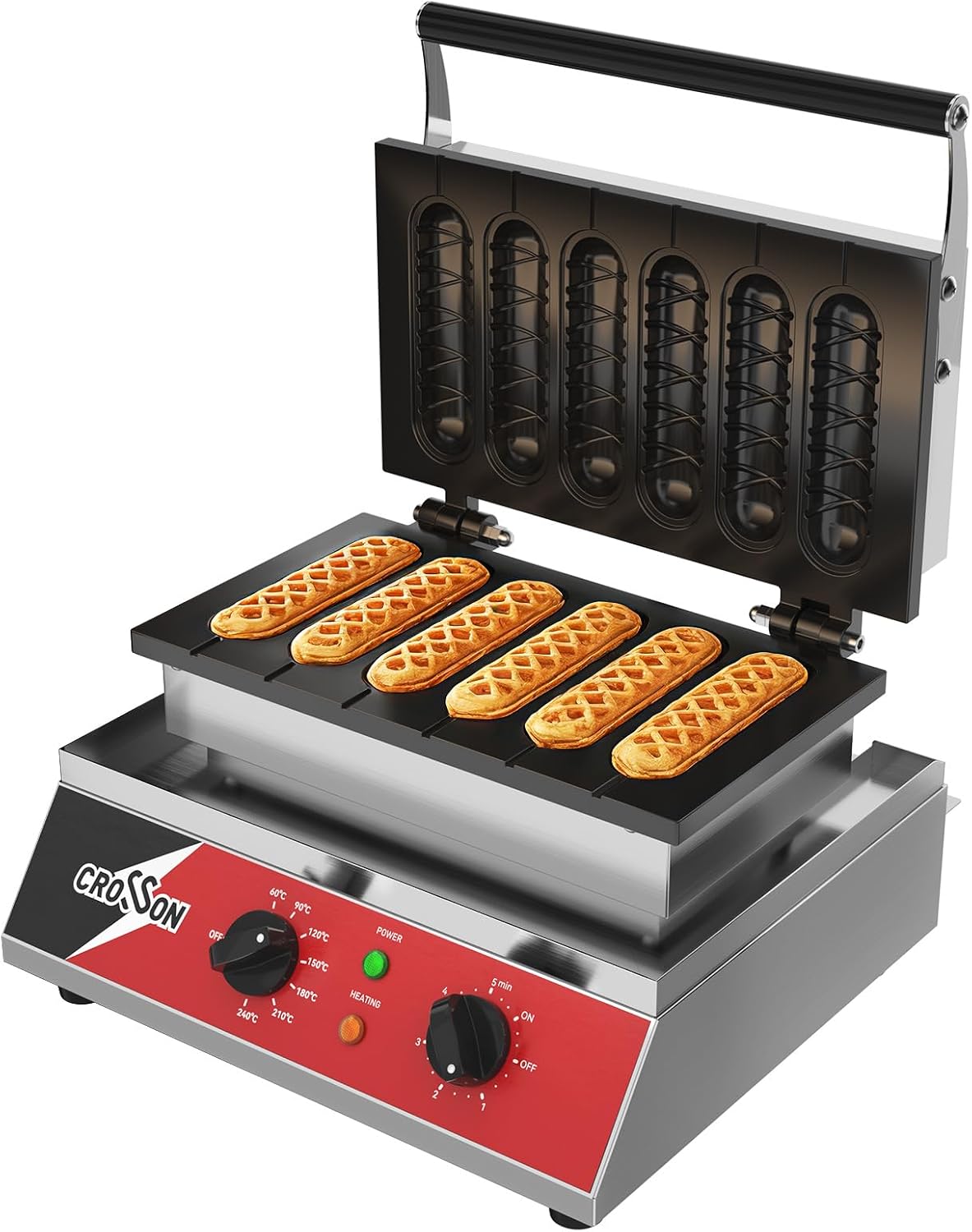 crosson Waffeleisen, 1600 W, Silber, für Klassische Waffeln mit 6 Stück Stiel/Corn Dog, Edelstahl Elektrische Dreifachschicht