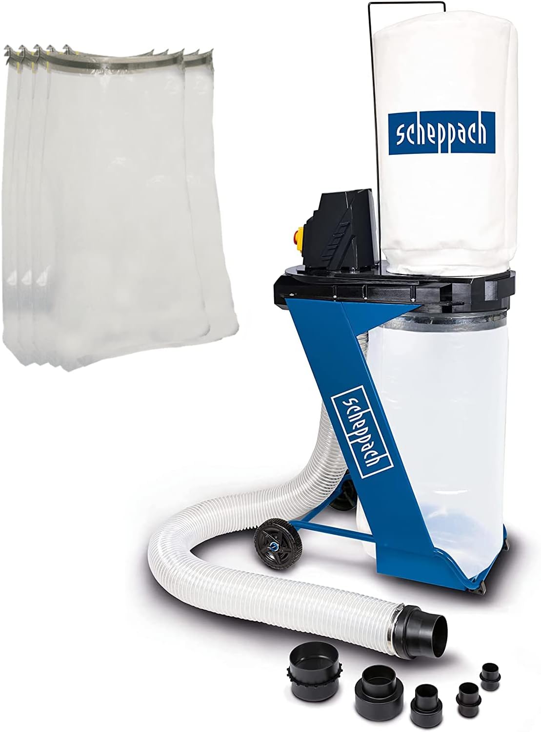 Scheppach Dunstabzugshaube, 2000 mm, 100 mm, 550 W, 75 L, Blau/Weiss, DC500 Absauganlage Set mit 4 TLG. Adapterset & 5 Spänesäcke