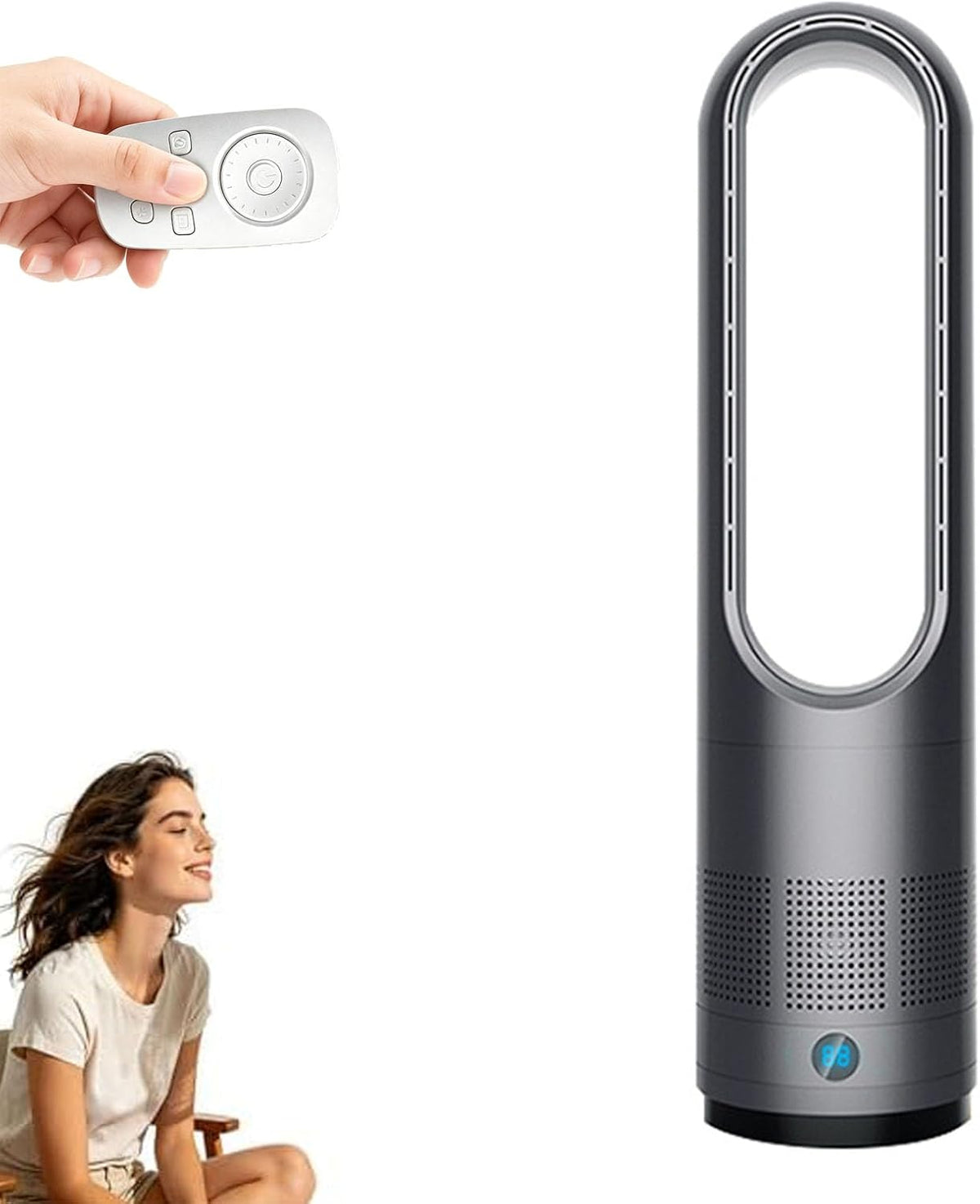Bladeless Turmventilator, 45-50 dB (Sp-Modus), Grau, Tower Lüfter mit Luftreiniger, 8 Geschwindigkeiten, 9-Stunden-Timer