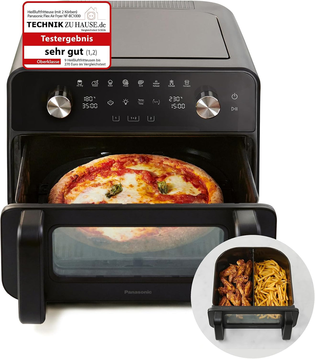 Panasonic Heissluftfritteuse, 9,6 Liter, Schwarz, NF-BC1000 Flex Air Fryer mit Sichtfenster, XL Flexibler Garkorb