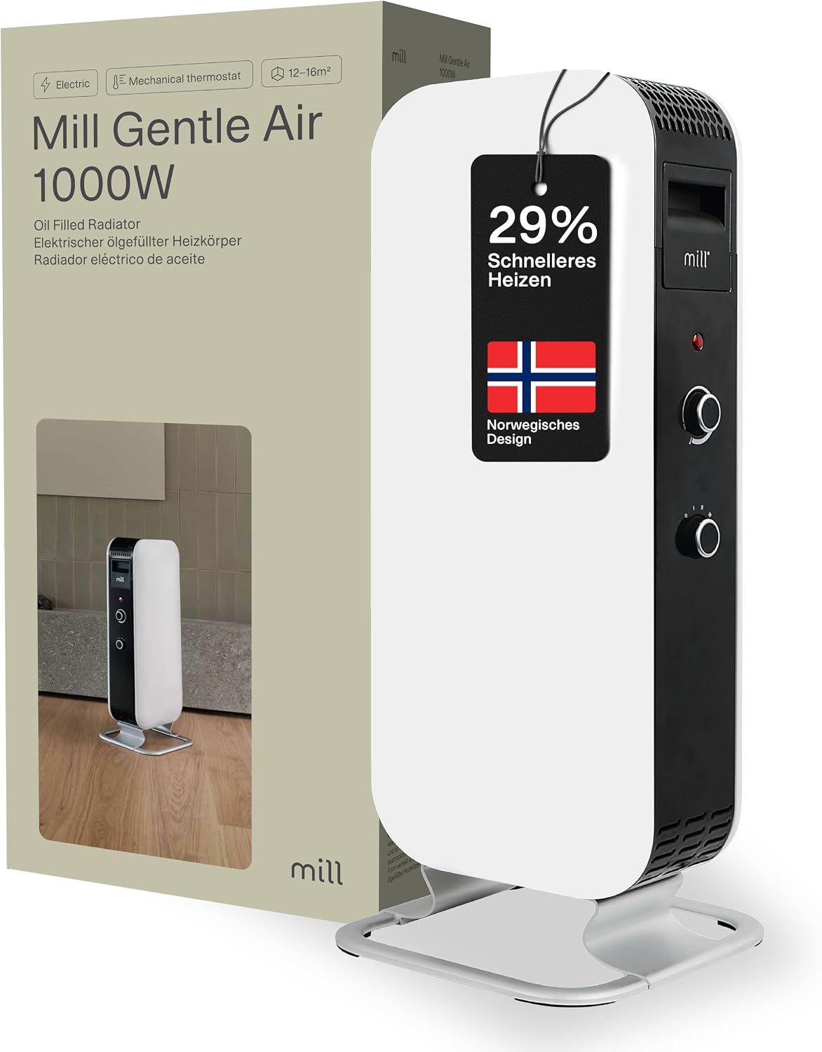 Mill Elektroheizkörper, 1000 W, 16 m, Weiss, Ölradiator Heizkörper, elektrische Heizung, bis zu ², geräuschlose Elektroheizung mit Thermostat
