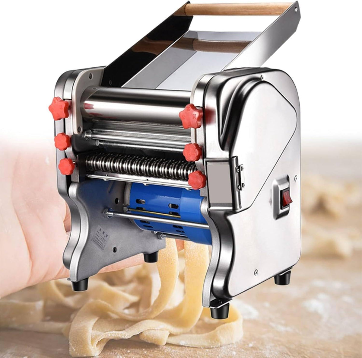 HaiZethonic Nudelmaschinen, 550 W, Edelstahl, Silber/Rot, Nudelmaschine Aus Edelstahl, Einstellbare Dicke, Nudelmaschine Manuell Pasta Maker