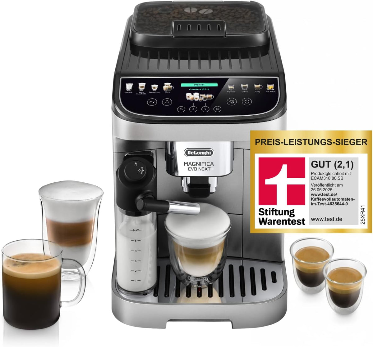 De'Longhi Kaffeevollautomat, Schwarz/Silber, Magnifica Evo Next - Perfetto mit, 13 One-Touch-Getränke, Coffee- und Cappuccino Kaffeemaschine