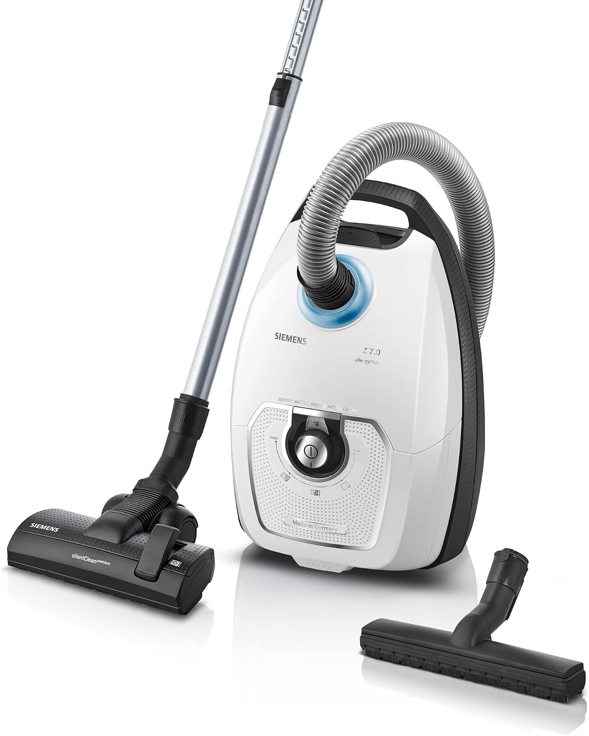 Siemens Staubsauger, 650 W, Weiss, mit Beutel Z 7.0 VSZ7442S, Hygiene-Filter Plus, extrem leise, Bodendüse für Parkett