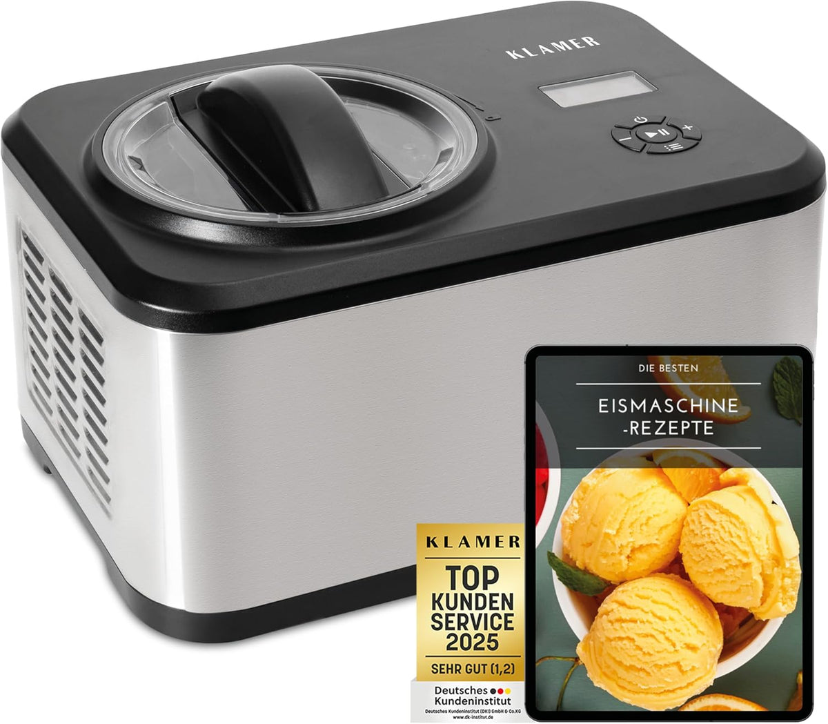 KLAMER Eismaschine, 1,5 L, 120 W, Silber, Edelstahl, mit Kühlfunktion und Rezeptbuch