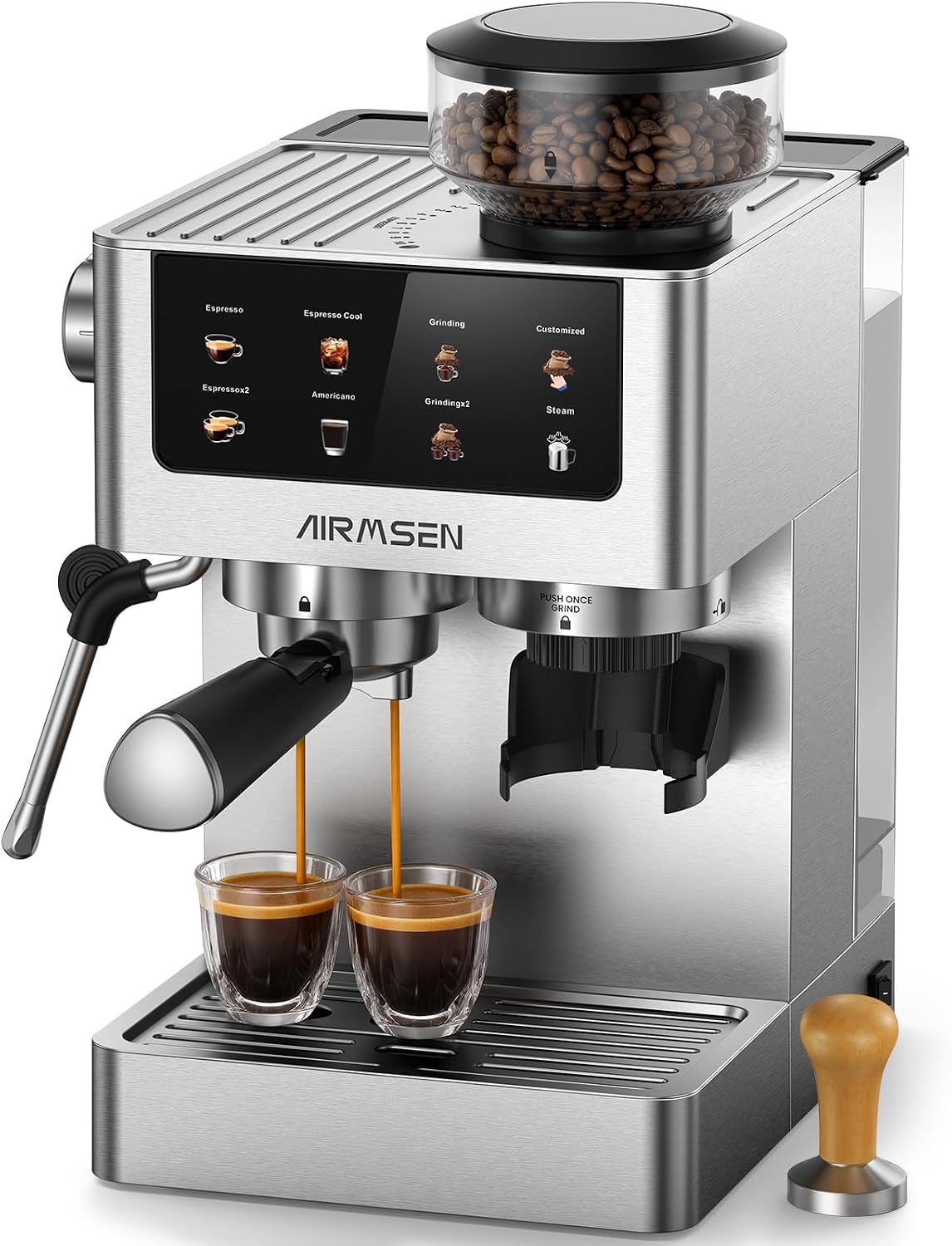 AIRMSEN Kaffeemaschine, 20 Bar, 1.8 L, Silber, Siebträgermaschine mit Kegelmahlwerk & Milchschäumer, Wassertank