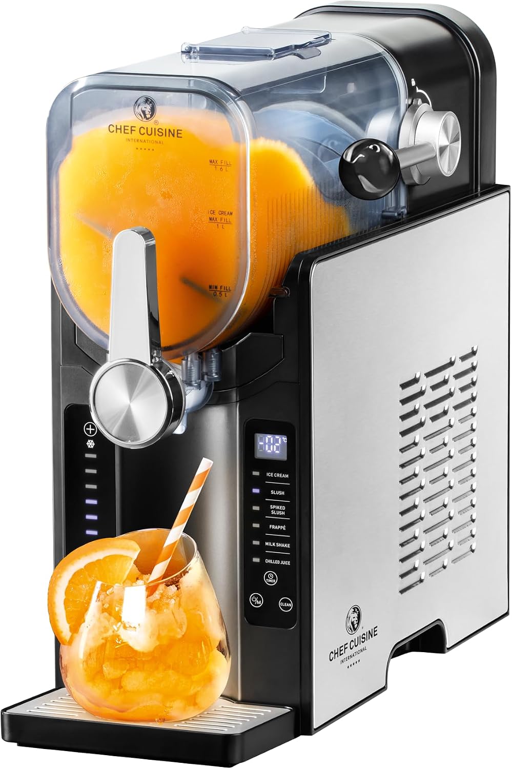 Chef Cuisine International Eismaschine, 1,6 Liter, Grau, Slush Eis Maschine mit Kompressor, 6 Programme, Touch-Display