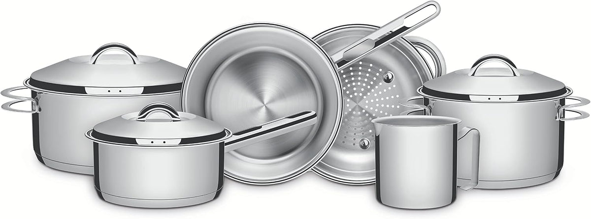 Tramontina Topf- & Pfannensets, komplett aus robustem Edelstahl; Griffe, Körper und Deckel., Silber