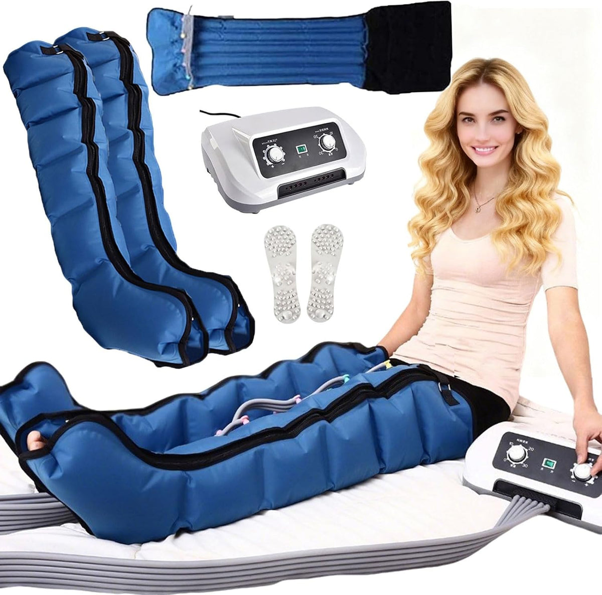ZHNANDAMAI Fussmassagegeräte, Blau, Beinmassagegerät Lymphdrainage Gerät mit 6 Luftkammern -, 2 Bein+Taille)