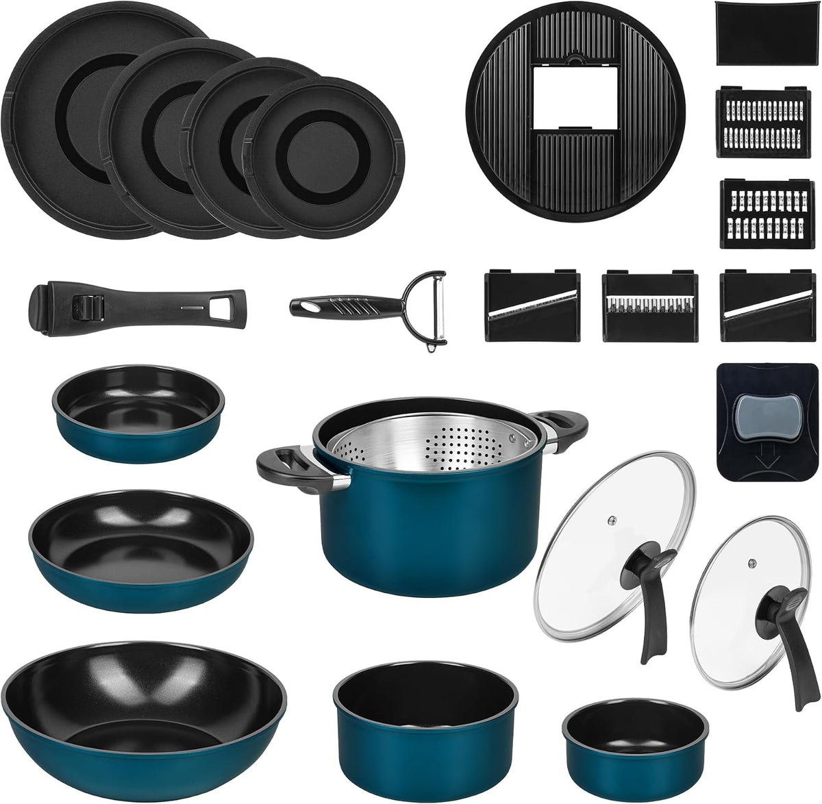 Genius Topf- & Pfannensets, Schwarz, Kochgeschirr Kelton 3 in 1 mit Pfannen, Töpfe, Deckel und Gemüseschneider 27 tlg
