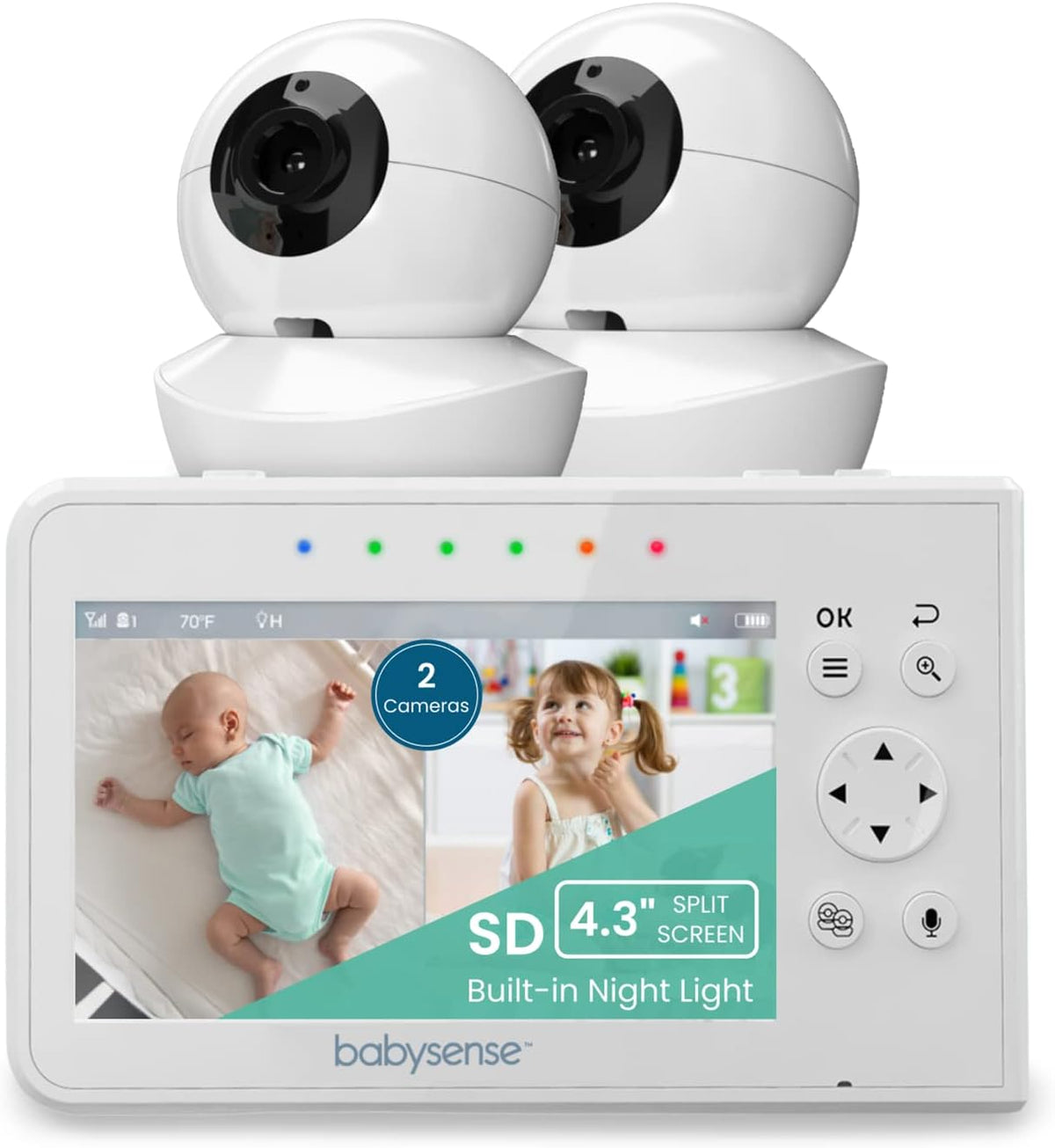 Babysense Monitor, 300m, Schwarz, Babymonitor mit Geteilter Bildschirm 4, Video Babyphone mit Zwei Kameras, PTZ-Funktion