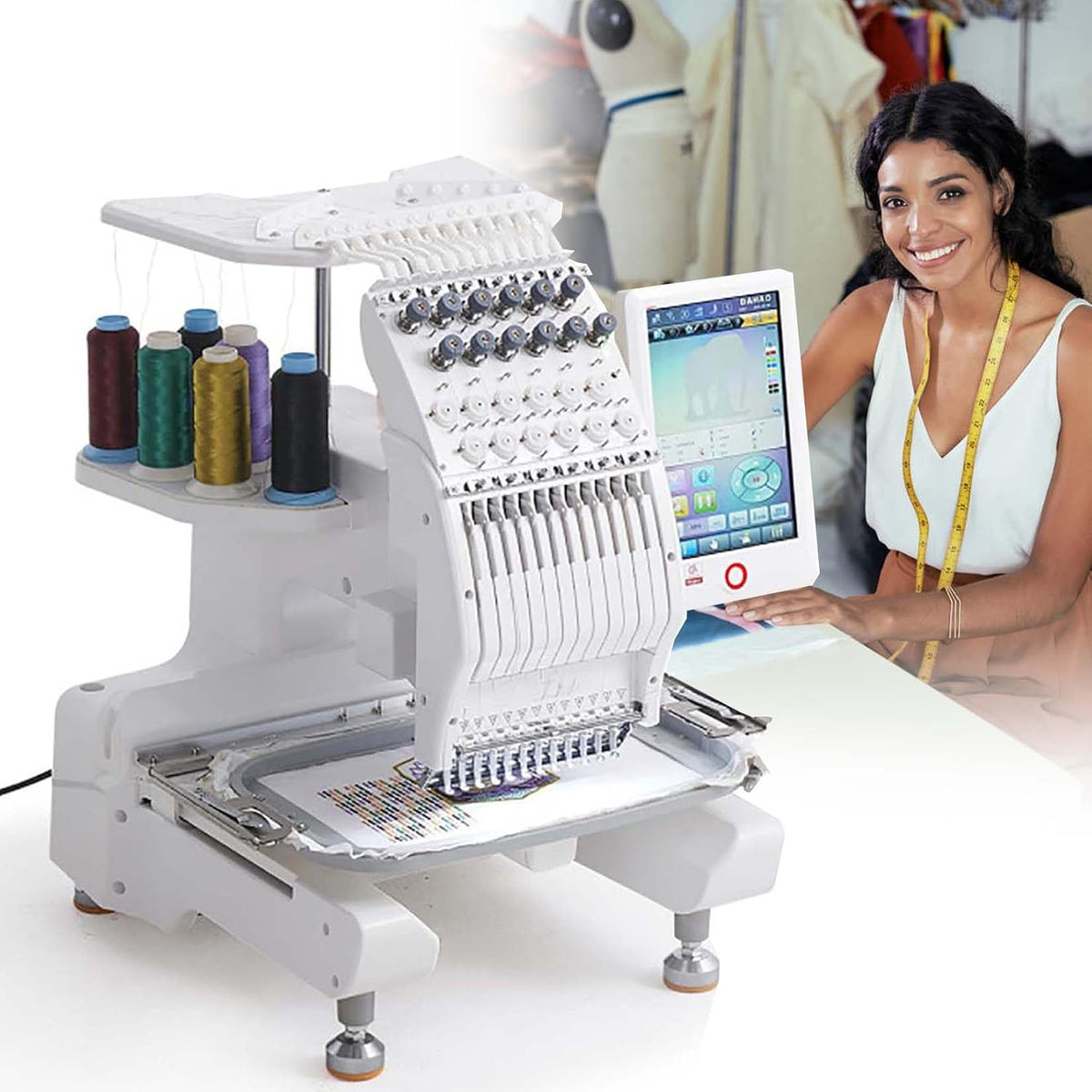 Computergesteuerte Einfache Nähmaschinen, Schwarz, Stickmaschine, 12 Nadeln, Touchscreen, 500 integrierte Muster