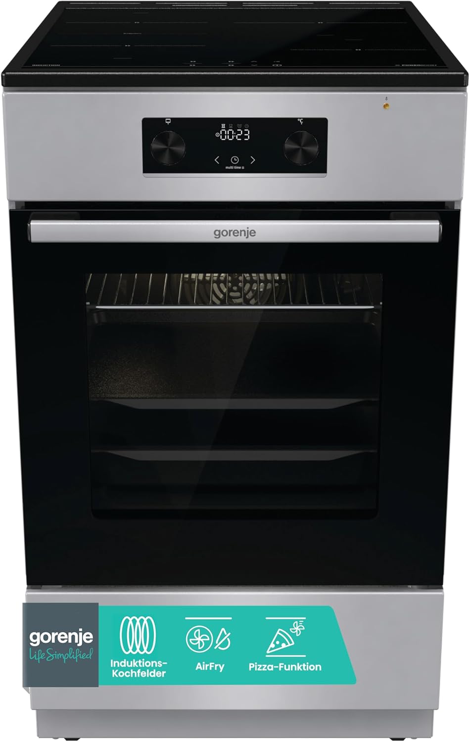 Gorenje Dunstabzugshaube, 70 Liter, 50 cm, Silber, GEIT5C61SPG Standherd mit Induktionskochfeld, PerfectGrill, AirFry