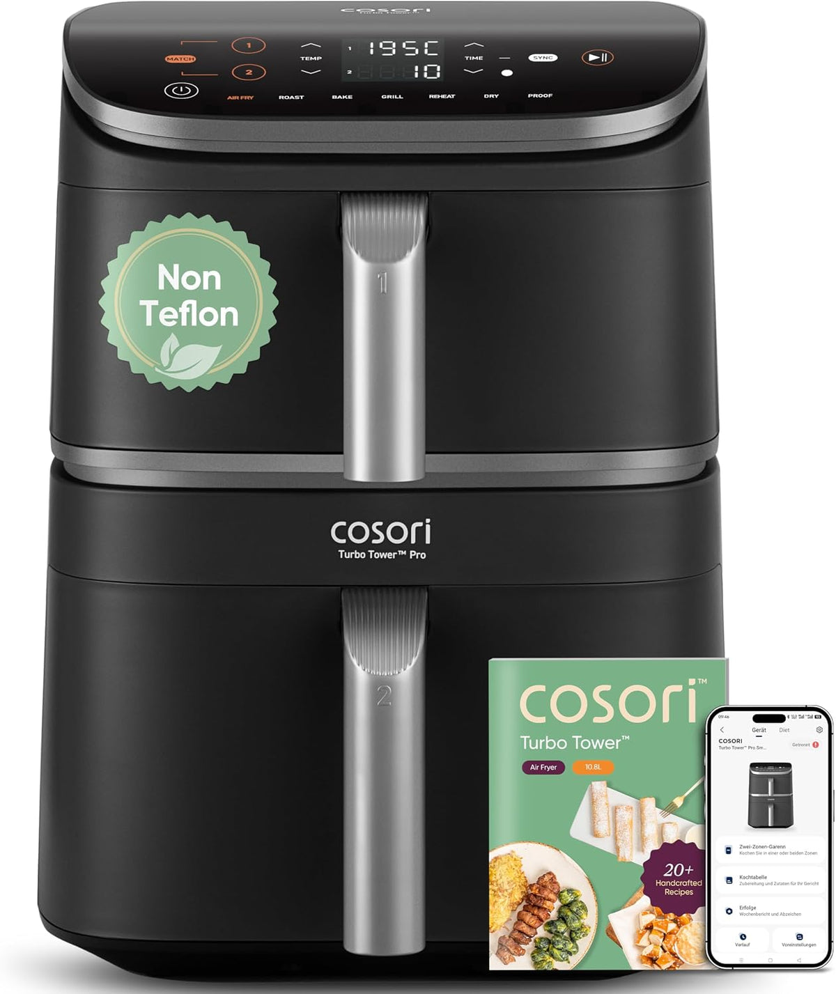 Cosori Heissluftfritteuse, 10,8 L, Grau/Silber, Turbo Tower Pro Smart Airfryer, Keramikbeschichtung Heissluftfritteuse
