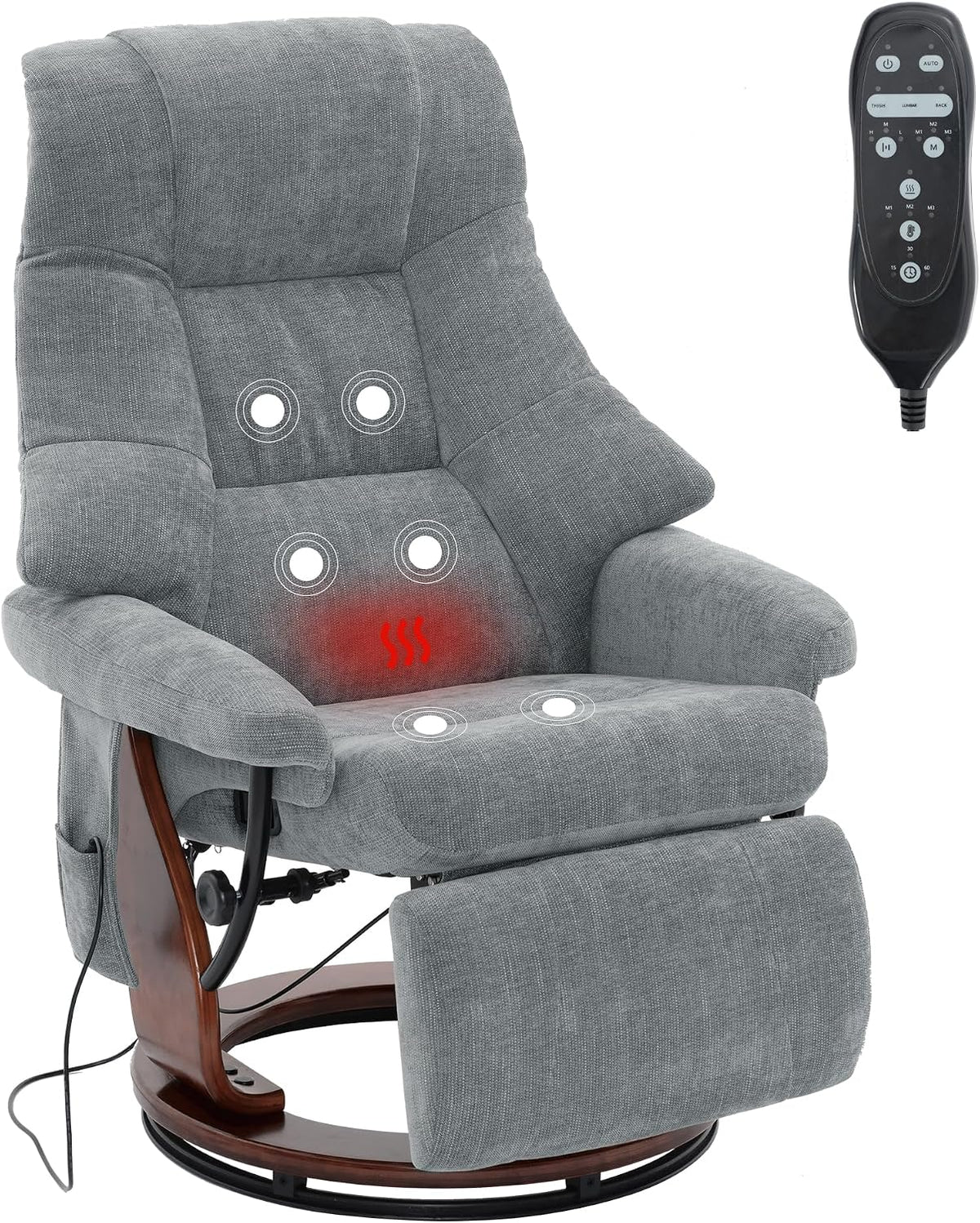 Mingone Relaxsessel, 150 kg, Grau, Fernsehsessel Massagesessel mit Wärmefunktion, Elektrisch mit Liegefunktion, Holz TV-Sessel für Wohnzimmer