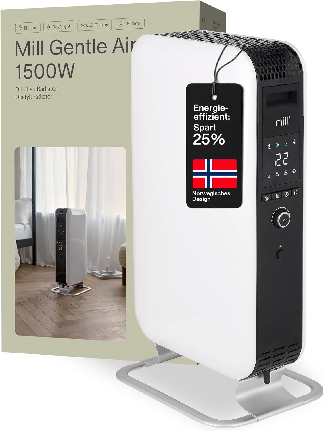 Mill Elektroheizkörper, 1500 W, 22 m, Weiss, Ölradiator Heizkörper, elektrische Heizung, bis zu ², geräuschlose Elektroheizung energiesparend