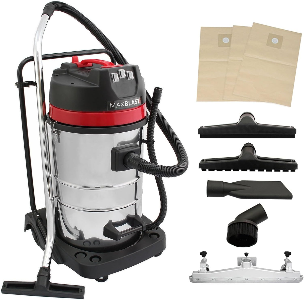 MAXBLAST Staubsauger, 3000 W, 80 l, Silber, Industriestaubsauger, Nass- und Trockensauger, 5 Aufsätze, gewerbliche Reinigung