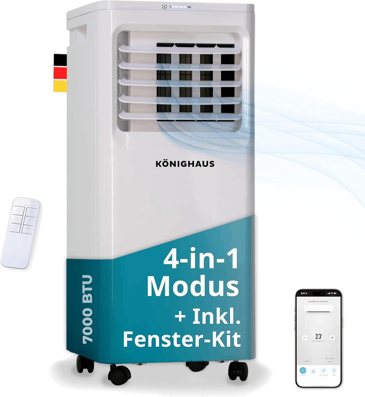 Könighaus Mobiles Klimagerät, 20m, Weiss, Smarte Mobile Klimaanlage 7000 BTU für Räume bis ² - 4-in-1